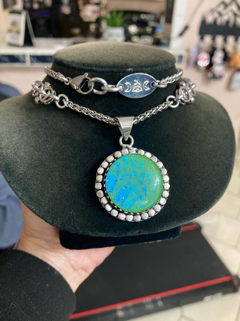 925 Sterling silver overlay man made blue green fire opal glass boho necklace